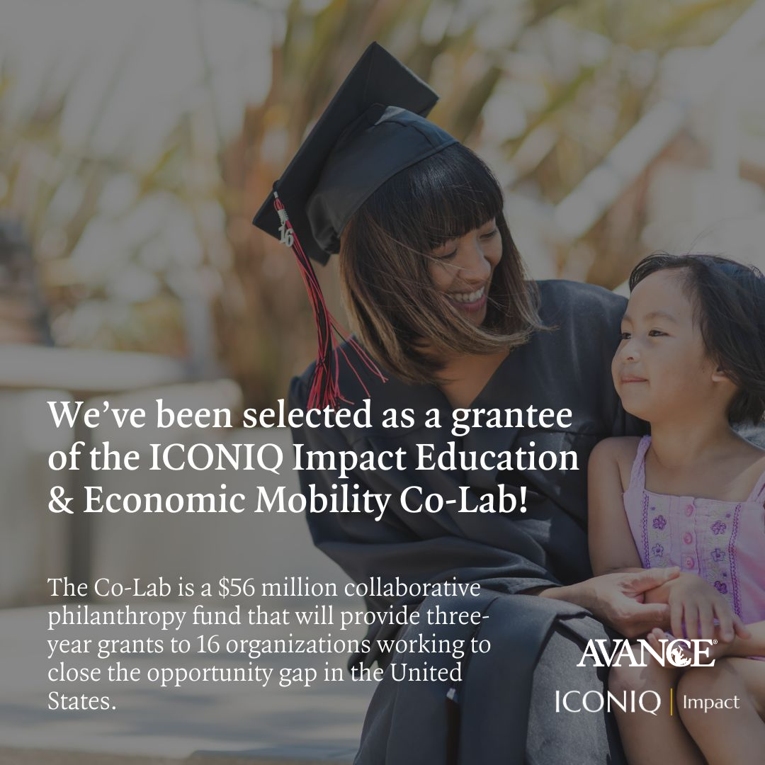 grad with child looking at each other, with text over image